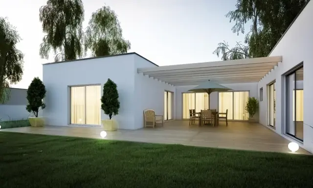 Une terrasse moderne avec mobilier de jardin et pergola, entourée d'un jardin verdoyant et d'arbres. Une extension de maison qui invite à la détente, parmi les plus belles extensions de maison.