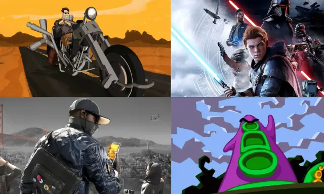 Czteroczęściowy kolaż z grafikami z gier. W lewym górnym rogu motocyklista w pustynnym krajobrazie. W prawym górnym rogu postacie z gry Star Wars Jedi: Fallen Order. W lewym dolnym rogu mężczyzna z telefonem i mostem Golden Gate w tle. W prawym dolnym ...