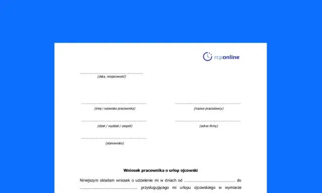 Formularz wniosku o urlop ojcowski. Wypełnij dane pracownika i pracodawcy, aby złożyć wniosek.