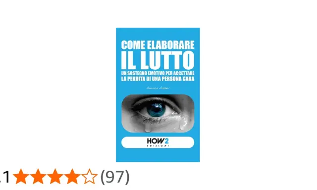 Copertina di un libro intitolato "Come elaborare il lutto", con un occhio che piange. Offre un sostegno emotivo per accettare la perdita.