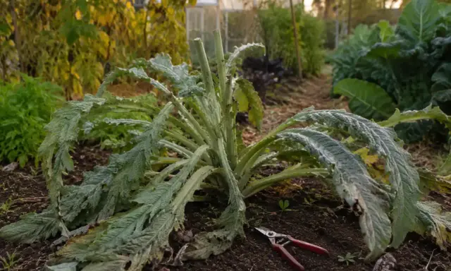 Un pied d'artichaut après récolte, prêt pour l'hiver. Que faire des pieds d'artichauts après la récolte ? Les tailler et les protéger.