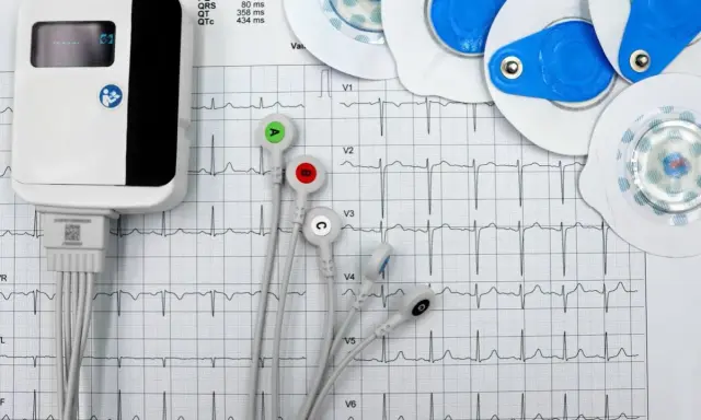 Elektrokardiograf i elektrody do badań serca na tle zapisu EKG.