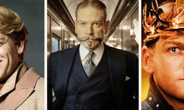 Kenneth Branagh in tre ruoli iconici: un sorriso radioso, l'ispettore Poirot e un re incoronato.