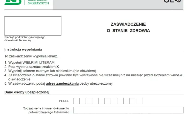 Formularz ZUS OL-9, zaświadczenie o stanie zdrowia, potrzebne do ubiegania się o rentę chorobową. Wypełnia lekarz.