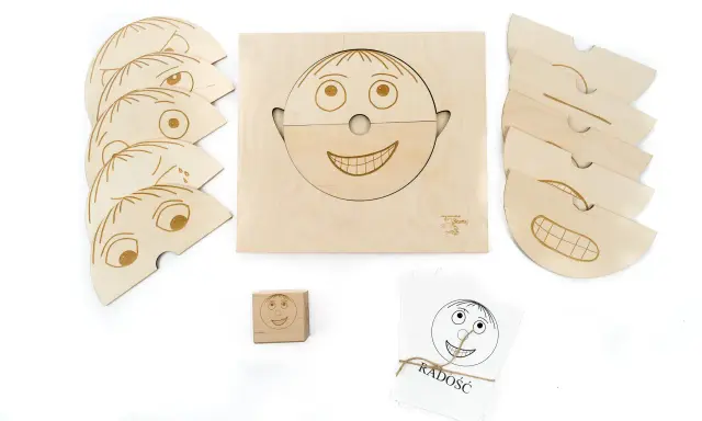 Drewniane klocki i karty do nauki emocji dla przedszkola. Zestaw zawiera elementy do tworzenia twarzy, kostkę z buźką i karty z napisem "RADOŚĆ".