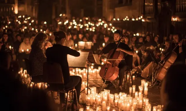 En konsert i Stockholm med hundratals levande ljus som skapar en magisk atmosfär. Cellister spelar medan publiken lyser upp rummet med sina egna ljus.