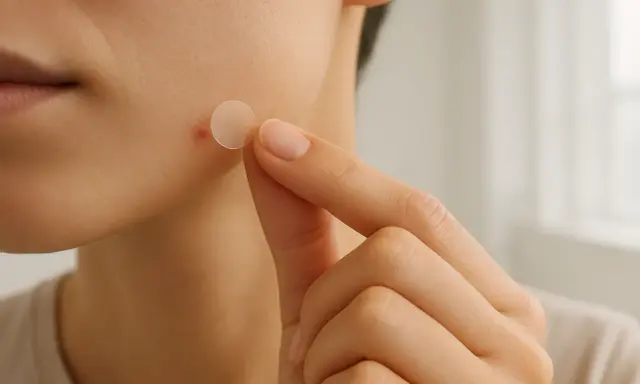 Une main applique un patch boutons sur une peau.