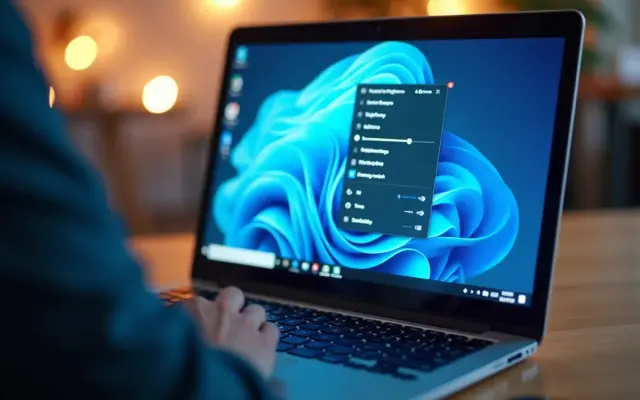 Laptop z jasnym ekranem i otwartym menu ustawień jasności.