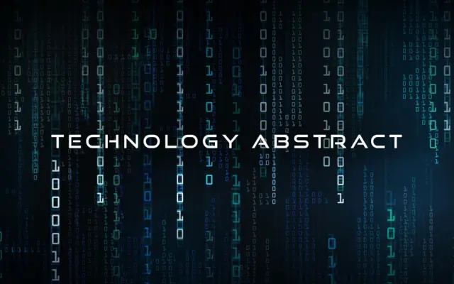 Tło z kodem binarnym i napisem "TECHNOLOGY ABSTRACT".
