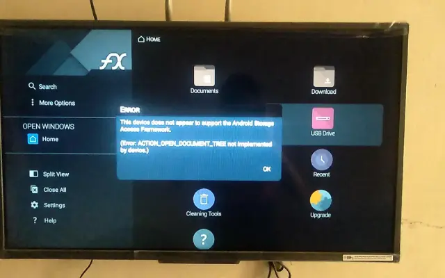 Ekran telewizora z komunikatem błędu "This device does not appear to support the Android Storage Access Framework.