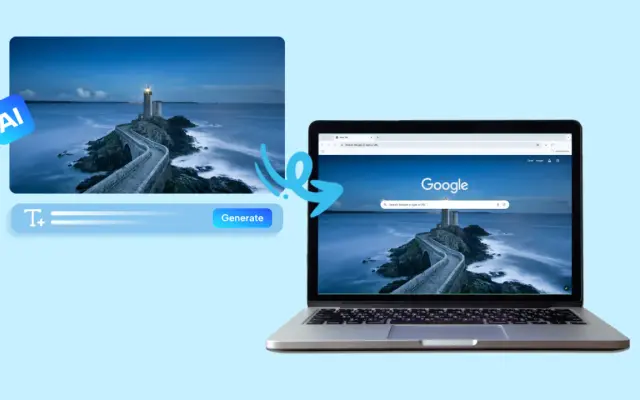 Grafika przedstawia proces zmiany tła w przeglądarce Chrome na zdjęcie latarni morskiej.