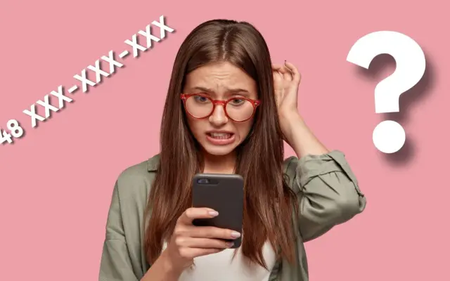 Zdezorientowana kobieta z telefonem i znakiem zapytania, tekst "+48 XXX-XXX-XXX".