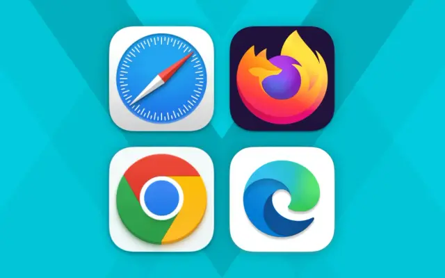 Ikony przeglądarek Safari, Firefox, Chrome i Edge na niebieskim tle.