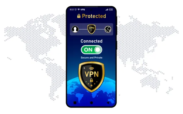 Ekran telefonu z aplikacją VPN włączoną, pokazującą status "Connected" i tarczę z napisem VPN.