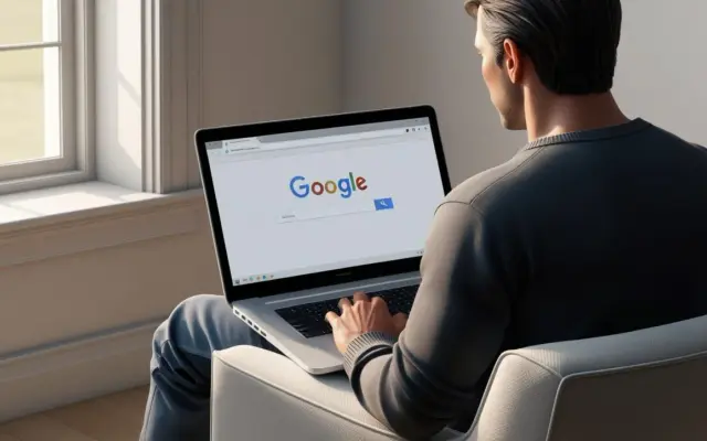 Mężczyzna korzysta z laptopa z otwartą wyszukiwarką Google.
