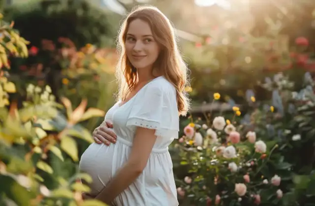 Kobieta w białej sukience, w 7 miesiącu ciąży, trzymająca się za brzuch, w otoczeniu kwitnących kwiatów i zieleni.
