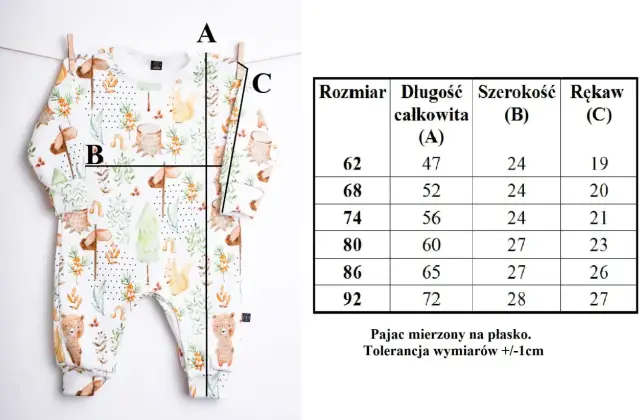 Tabela rozmiarów pajaca z motywem leśnym. Sprawdź, jaki rozmiar dla noworodka będzie najlepszy, porównując wymiary A, B, C.