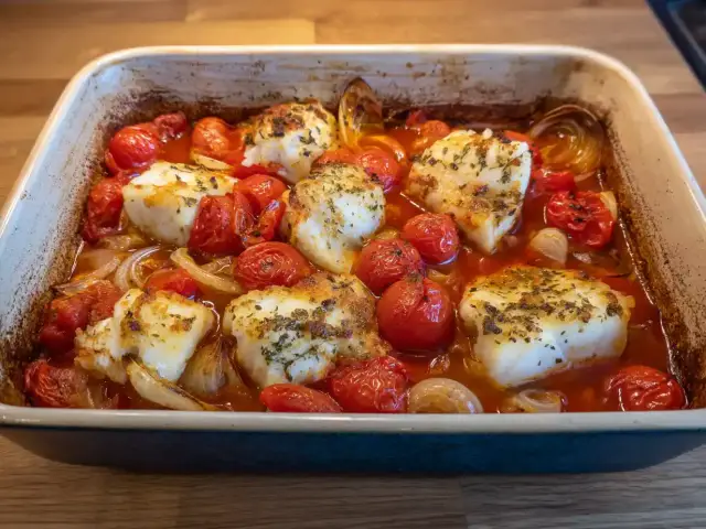 Rimmad torsk i ugnsform med körsbärstomater och lök. En härlig middag som doftar sommar.