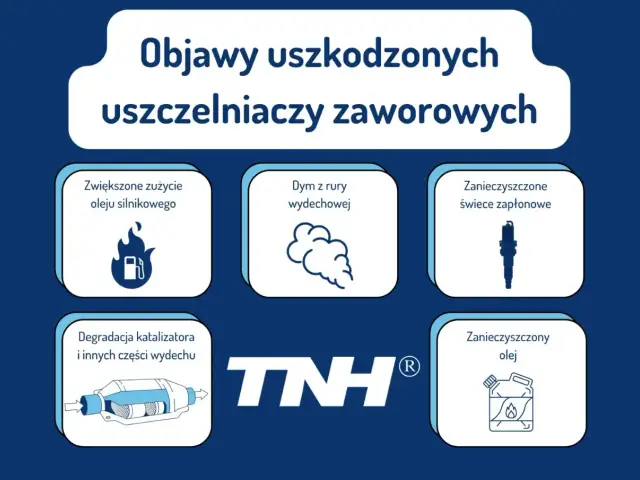 Objawy uszkodzonych uszczelniaczy zaworowych: dym z rury, zwiększone zużycie oleju, zanieczyszczone świece i olej, degradacja katalizatora.
