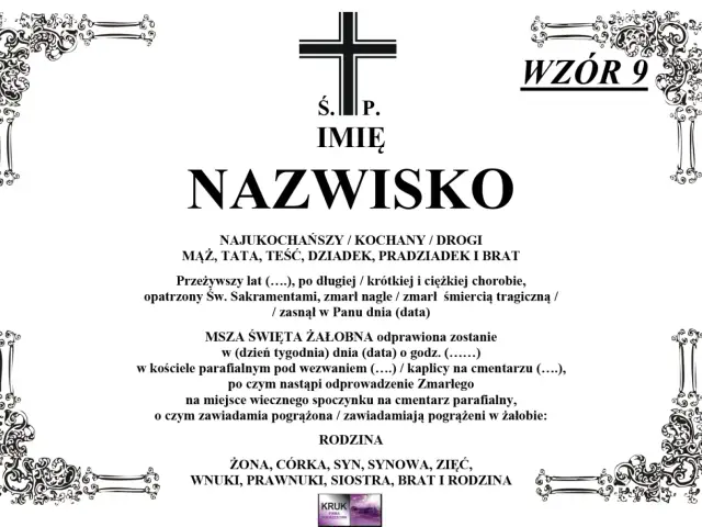 Wzór nekrologu z krzyżem i ozdobnymi ramkami. Informacje o zmarłym, mszy żałobnej i pogrzebie. Czas życia jak klepsydra.