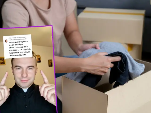 Ksiądz ostrzega: nie noś rzeczy po zmarłej osobie, bo przesąd mówi, że może wrócić po nie. Ręce pakują ubrania do kartonu.