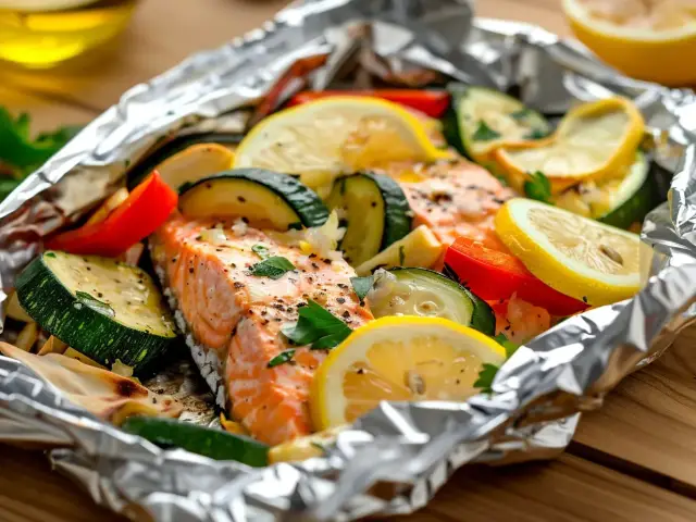 Lax i folie med citron, zucchini och paprika. En hälsosam och god måltid som tillagas enkelt i ugnen.