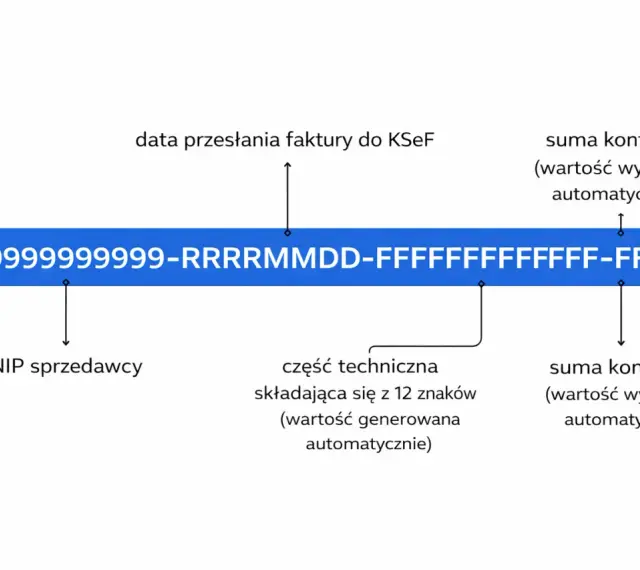 Schemat identyfikatora faktury KSeF: NIP sprzedawcy, data, część techniczna i sumy kontrolne. Ułatwia to zarządzanie ksef faktury zagraniczne.