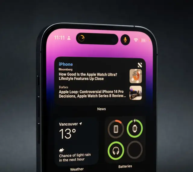 Nowy iPhone z dynamic island, wyświetlający wiadomości i pogodę.