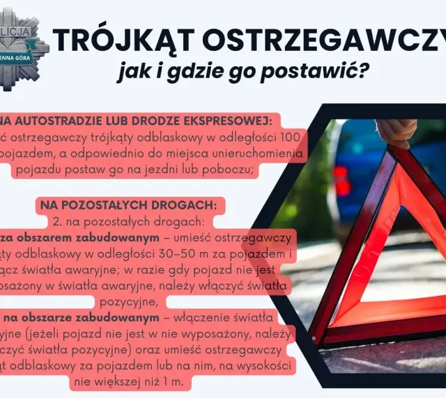 Trójkąt ostrzegawczy i światła awaryjne – instrukcja, jak i gdzie je umieścić po awarii pojazdu.