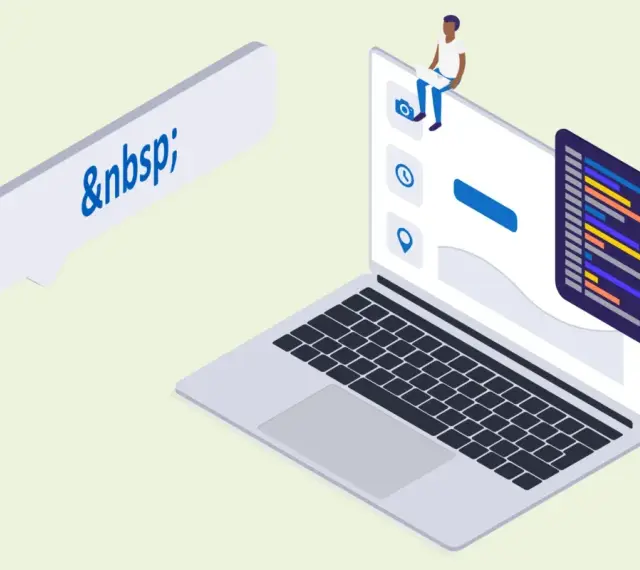 Programista siedzi na laptopie, a obok dymek z tekstem "&nbsp;". Kod na ekranie sugeruje pracę nad układem strony.