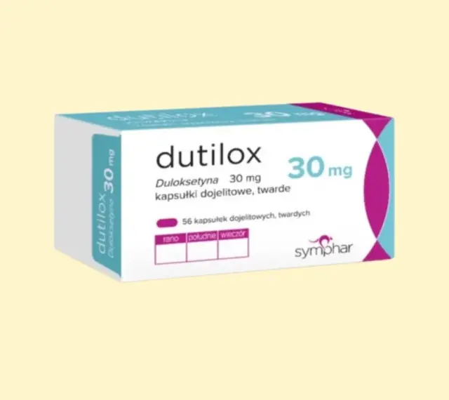 Opakowanie leku Dutilox 30 mg z duloksetyną, zawierające 56 kapsułek.