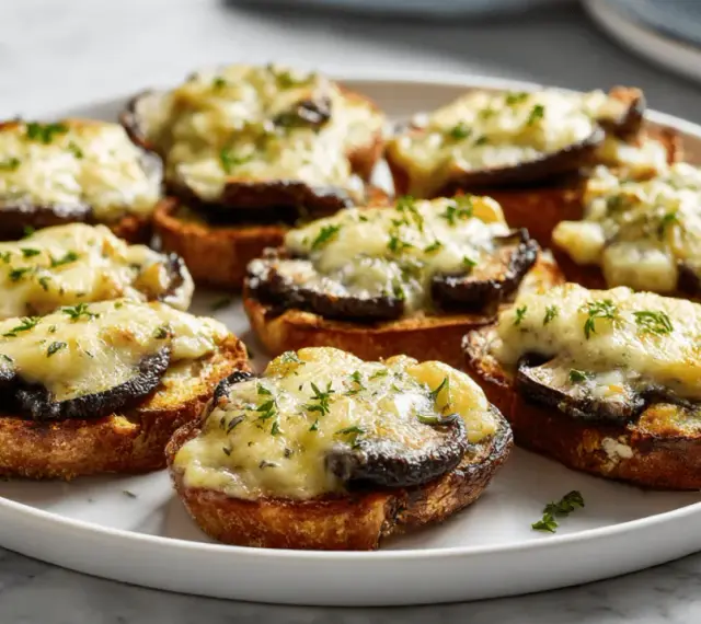 Chrupiące zapiekanki z airfryer z grzybami i ciągnącym serem, posypane ziołami. Idealna przekąska!