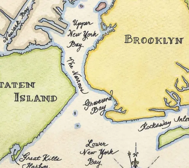 Mapa pokazuje, gdzie jest Nowy Jork: Staten Island, Brooklyn, Newark Bay i Upper New York Bay.
