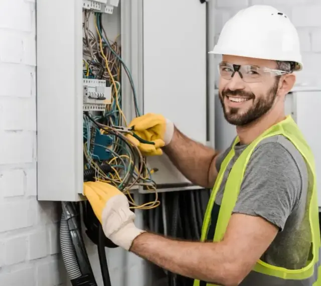 Uśmiechnięty elektryk w kasku i kamizelce pracuje nad instalacją elektryczną w domu, dbając o bezpieczeństwo i porządek.