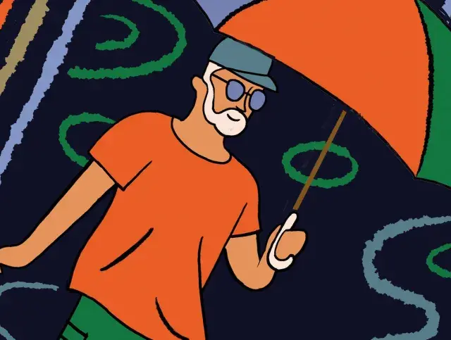 Ein Mann mit Bart und Brille geht unter einem bunten Regenschirm. Die Streifen im Hintergrund könnten für seine **Enttäuschung** stehen, die ihn trotz Sonnenschirms nicht trocken hält.