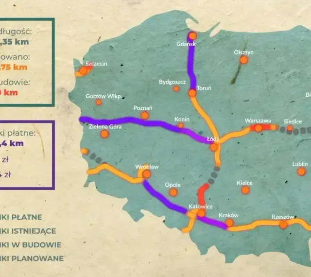 Mapa Polski z zaznaczonymi autostradami płatnymi, istniejącymi, w budowie i planowanymi. Podano długość odcinków płatnych i ceny dla motocykla i samochodu.