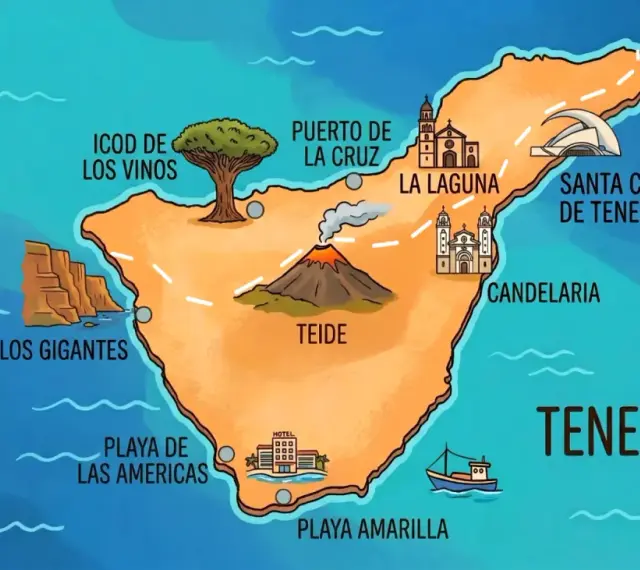 Mapa Teneryfy z zaznaczonymi atrakcjami: wulkan Teide, Los Gigantes, Playa de las Américas. Idealne miejsce na wczasy na Teneryfie!