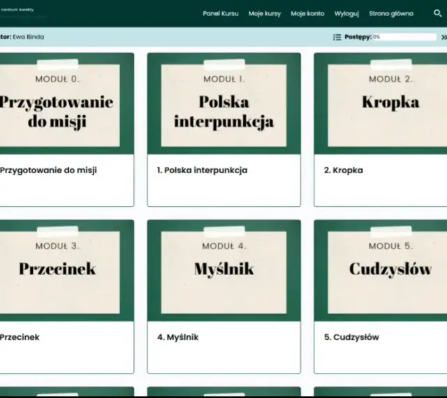 Moduły kursu o interpunkcji: przygotowanie, polska interpunkcja, kropka, przecinek, myślnik, cudzysłów.