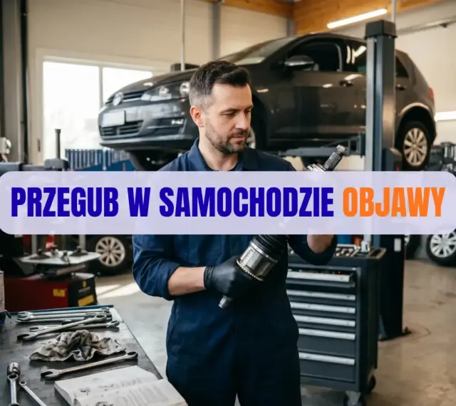 Mechanik ogląda przegub w samochodzie. Na ekranie napis "Przegub w samochodzie objawy".
