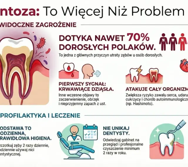 Ilustracja przedstawia przekrój zęba z widocznymi problemami dziąseł, bakterie i objawy paradontozy.
