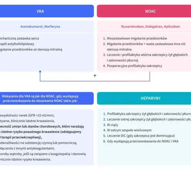 Porównanie leków przeciwzakrzepowych: VKA (acenokumarol, warfaryna) i NOAC (rywaroksaban, dabigatran, apiksaban). Wskazania i przeciwwskazania. Heparyny jako alternatywa, gdy eliquis zamiennik nie jest możliwy.