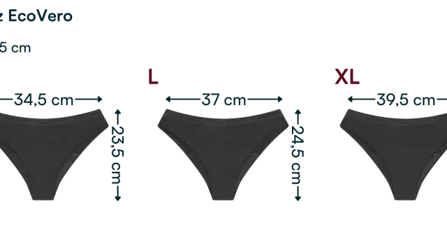 Majtki menstruacyjne hi-cut. Rozmiar M ma szerokość 34,5 cm, a długość 23,5 cm. Tolerancja wymiarów to ± 1 cm.