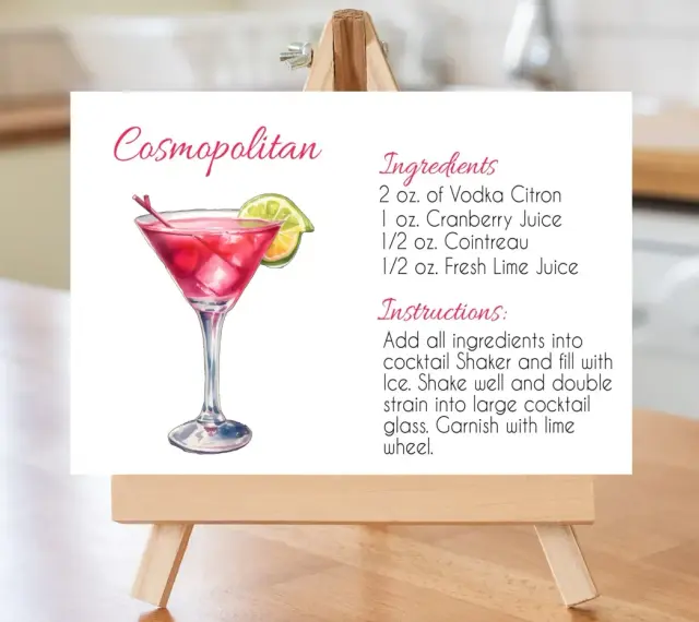 Przepis na drinka Cosmopolitan: ilustracja koktajlu z limonką i wiśnią, składniki i instrukcje.