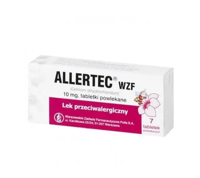 Opakowanie leku Allertec WZF z desloratadyną, 7 tabletek powlekanych, na alergię.
