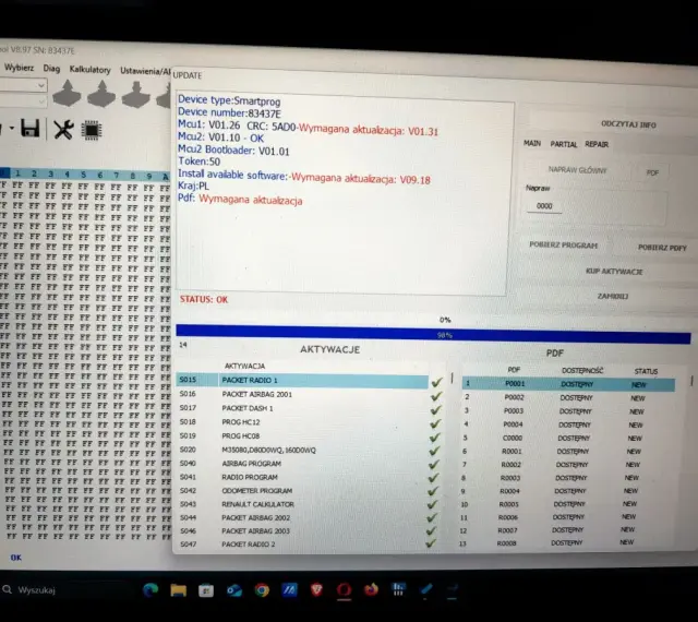 Program carprog2 wyświetla informacje o aktualizacji urządzenia i dostępnych modułach, takich jak "PACKET RADIO 1".