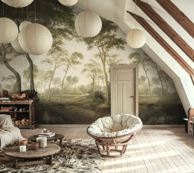 Sypialnia w stylu boho z tapetą imitującą las w odcieniach **kolorów ziemi**. Wygodna sofa, wiklinowy fotel i drewniane meble tworzą przytulną atmosferę.