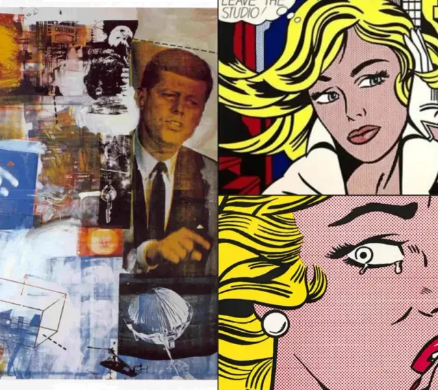 Collage mit JFK und Pop-Art-Künstler-Werken von Lichtenstein.