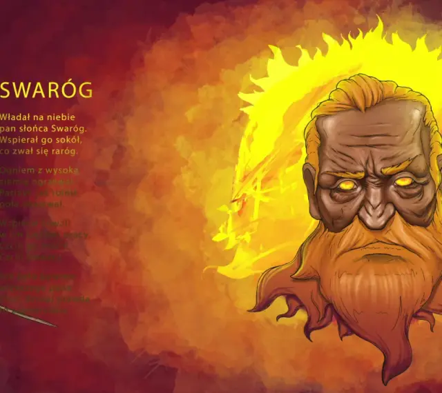 Swaróg, bóg słońca, w płomieniach. Obok pióro, symbol innych legend słowiańskich, jak kwiat paproci.