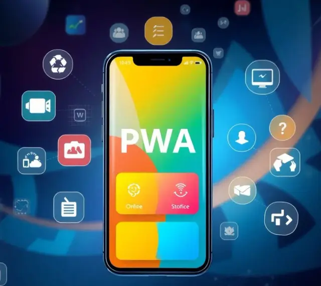 Telefon z napisem PWA, otoczony ikonami symbolizującymi różne funkcje aplikacji webowych.