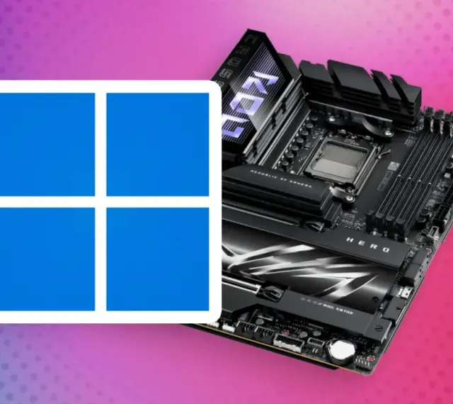 Windows 11 Logo neben einem ROG Mainboard. Ein TPM-Chip ist für die Sicherheit unerlässlich.